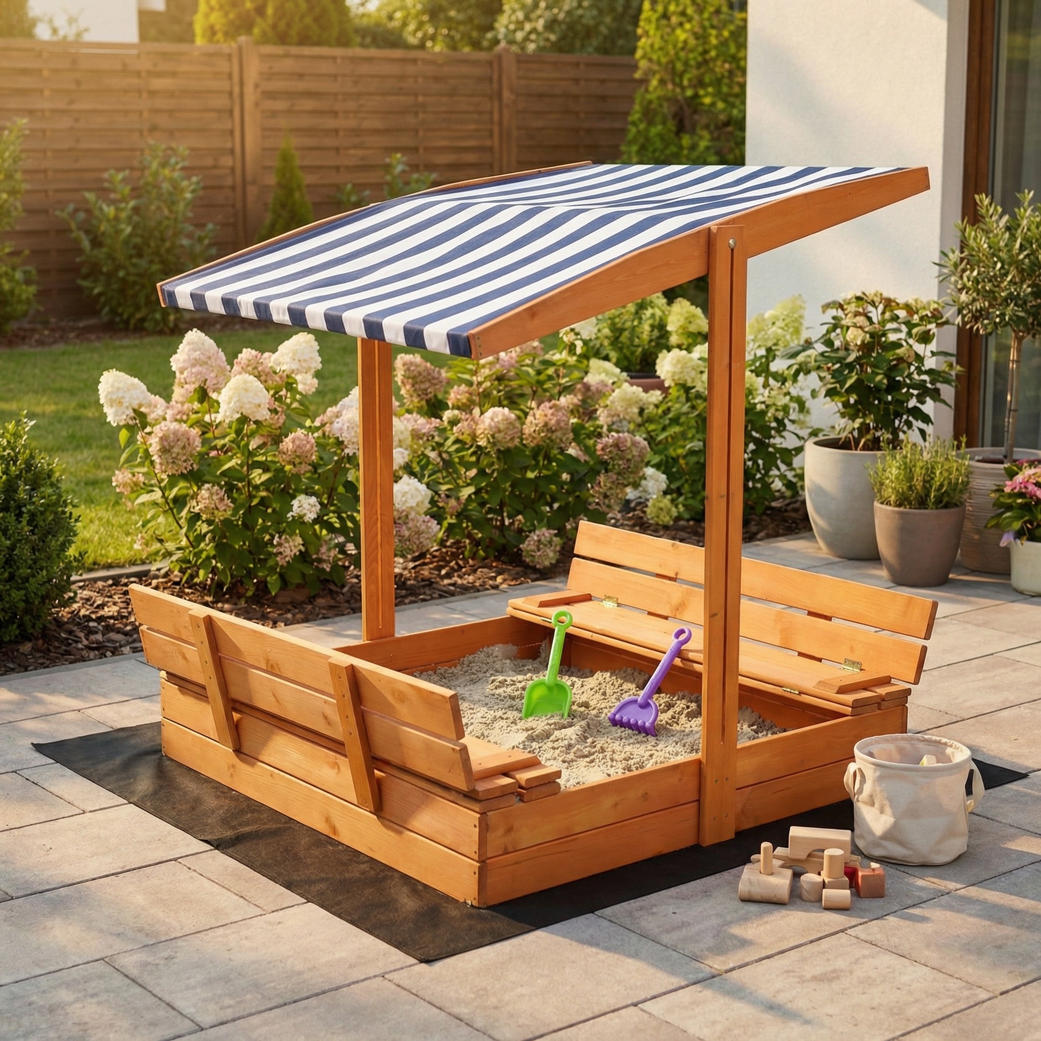 Zandbak met dak - speelgoed - en grondzeil - 120x120x120 cm