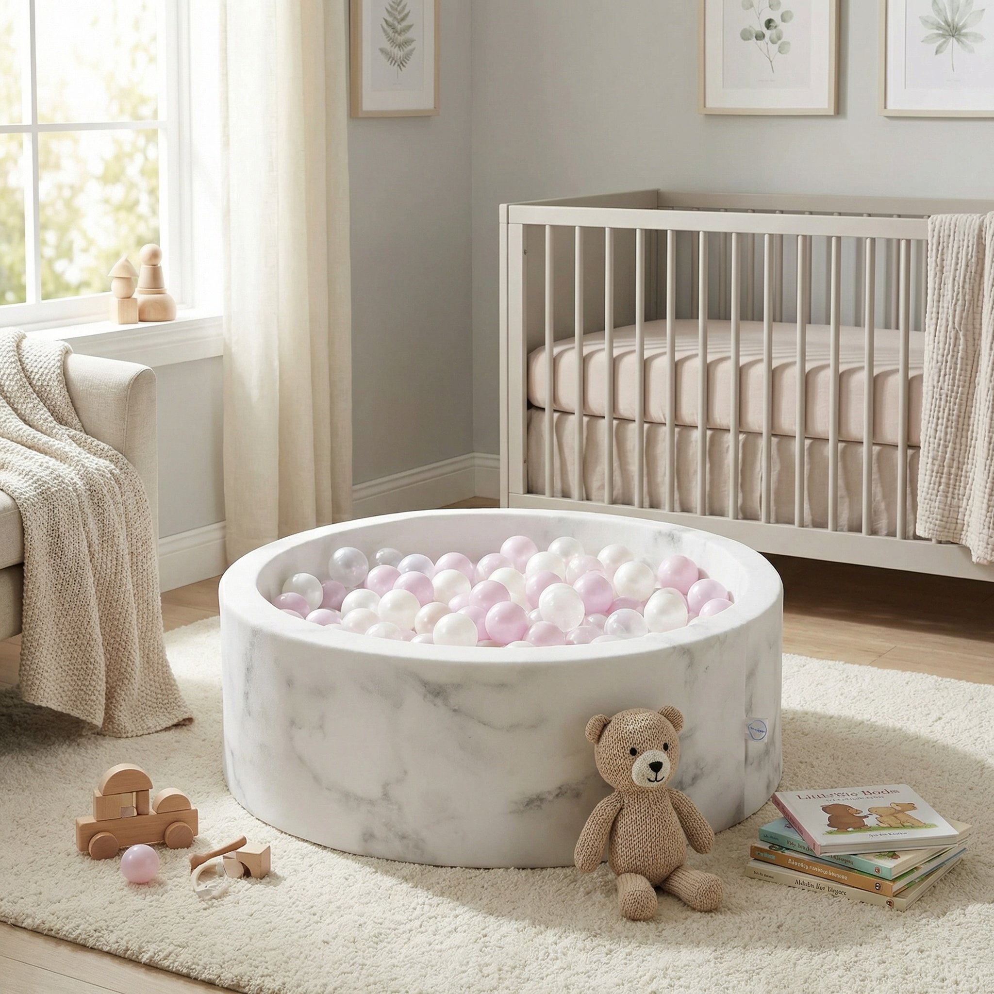 Ballenbak marmer met 200 licht roze parelmoer wit transparante ballen - 90 x 30 cm - rond