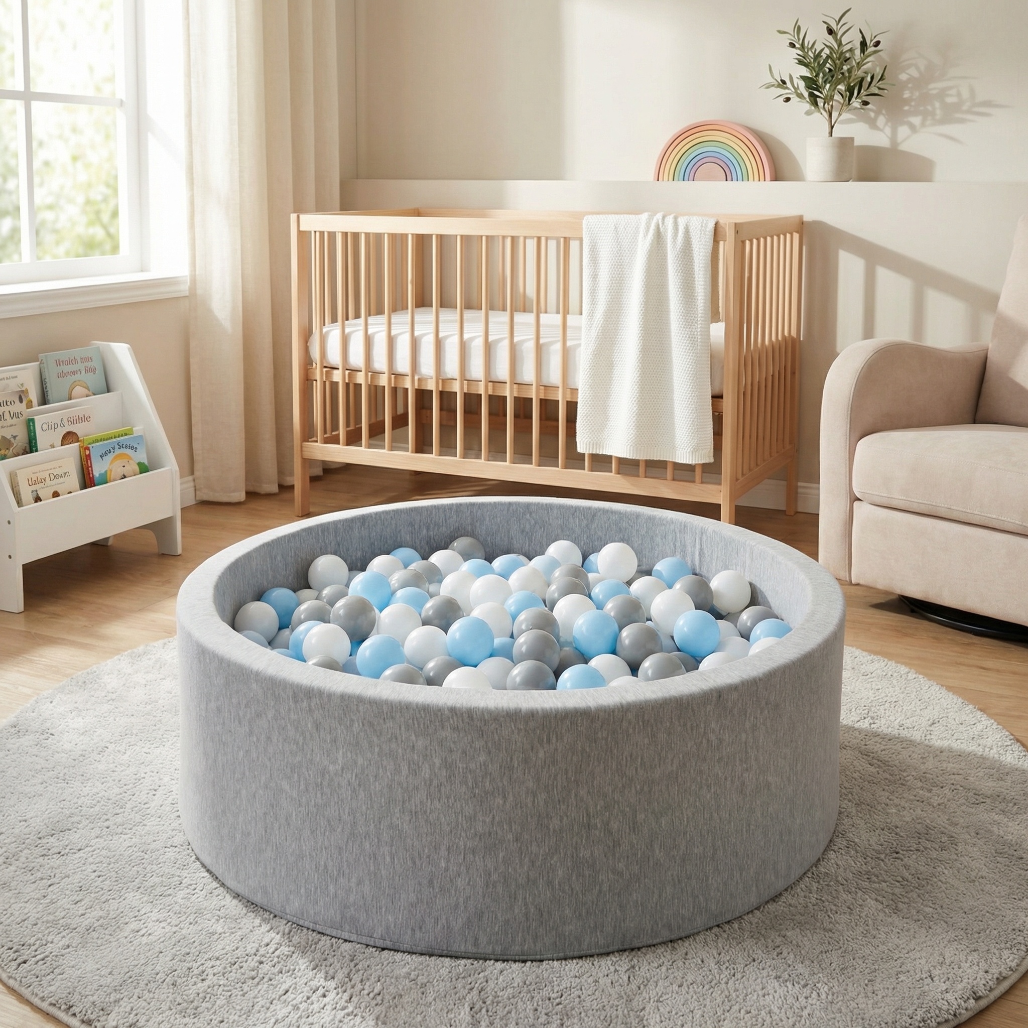 Ballenbak - 150 ballen - rond - 90x30 cm ballenbad - witte, babyblauw, grijze ballen