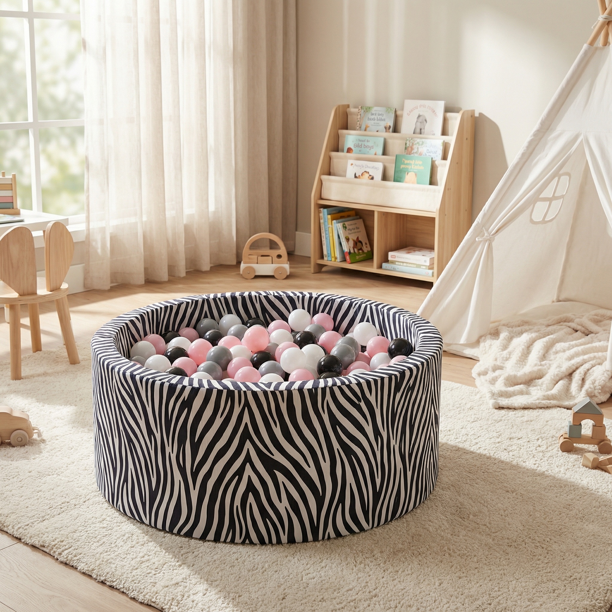 Ballenbak - stevige ballenbad -90 x 40 cm - 200 ballen Ø 7 cm - roze, wit, grijs, zwart zebrapatroon