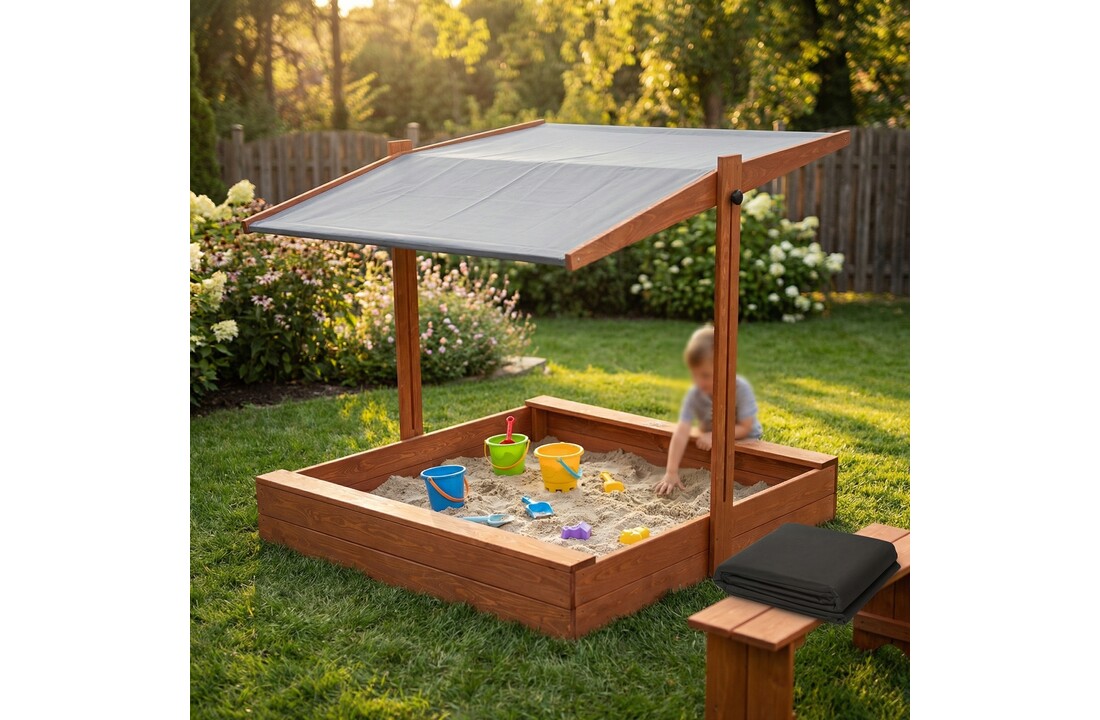 Zandbak - met deksel en dak - hout - 120x120 cm - grijs