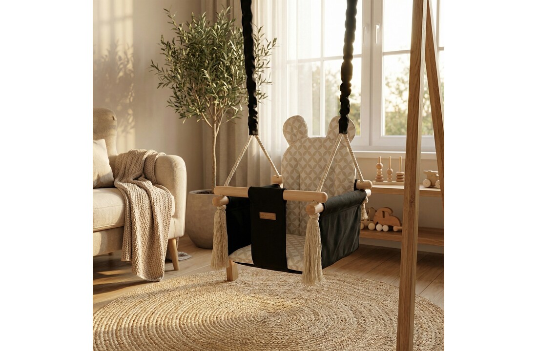 Baby schommelstoel - baby swing - met oren - max. 20 kg - zwarte & crème diamanten