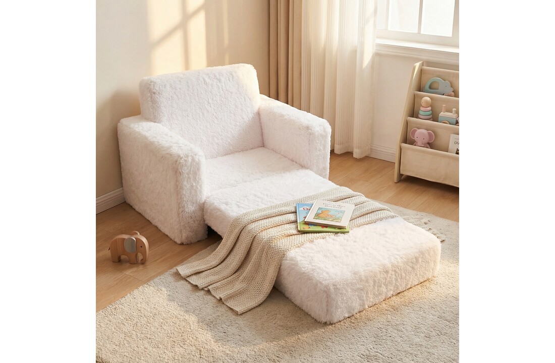 Kinder Slaapbank en logeerbed in één - 100cm x 36cm x 25cm - wit pluche