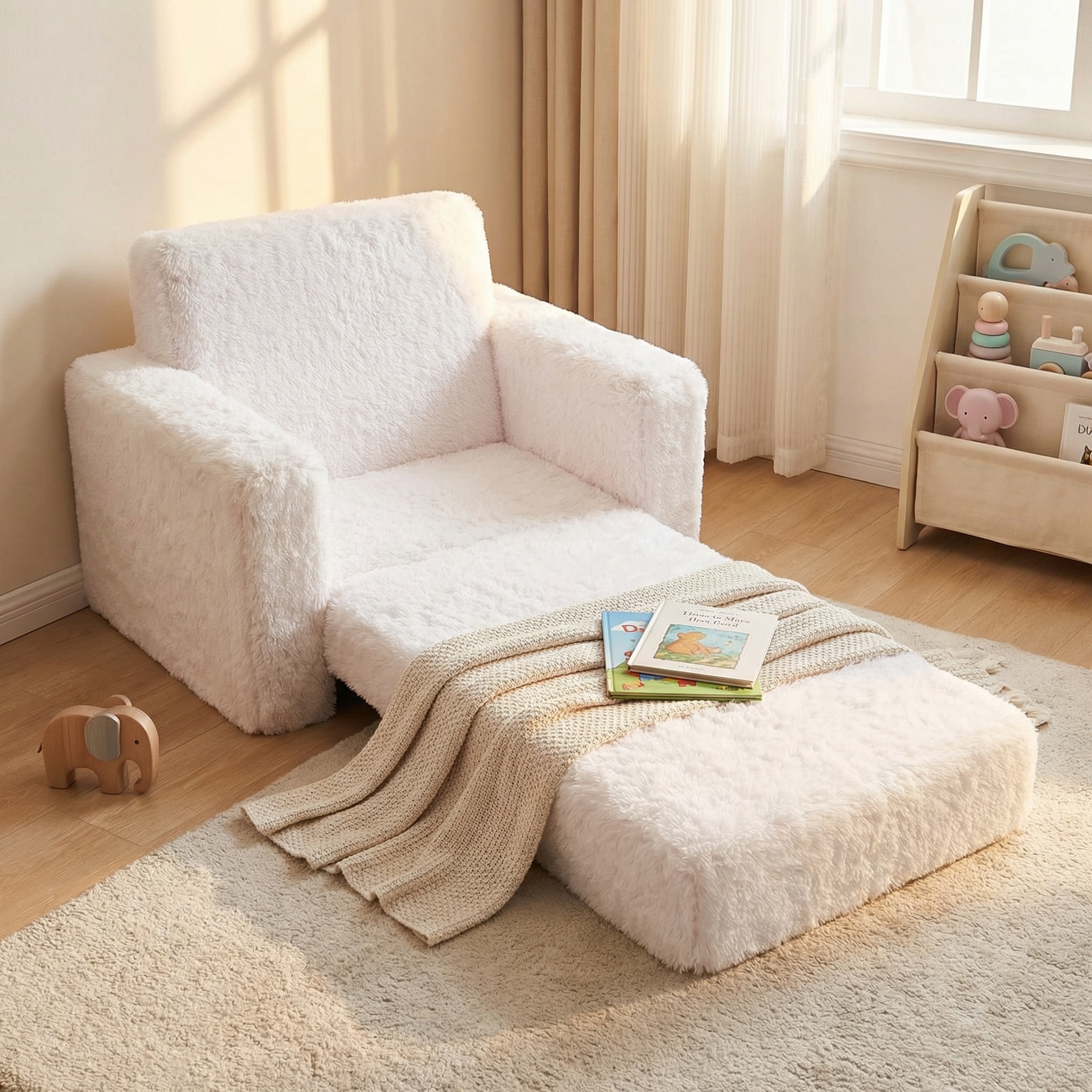 Kinder Slaapbank en logeerbed in één - 100cm x 36cm x 25cm - wit pluche