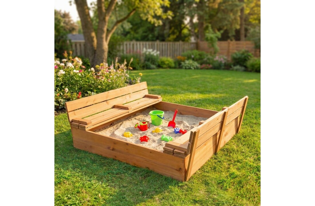 Zandbak met deksel & zitje - opvouwbare deksel - 120 x 120 cm