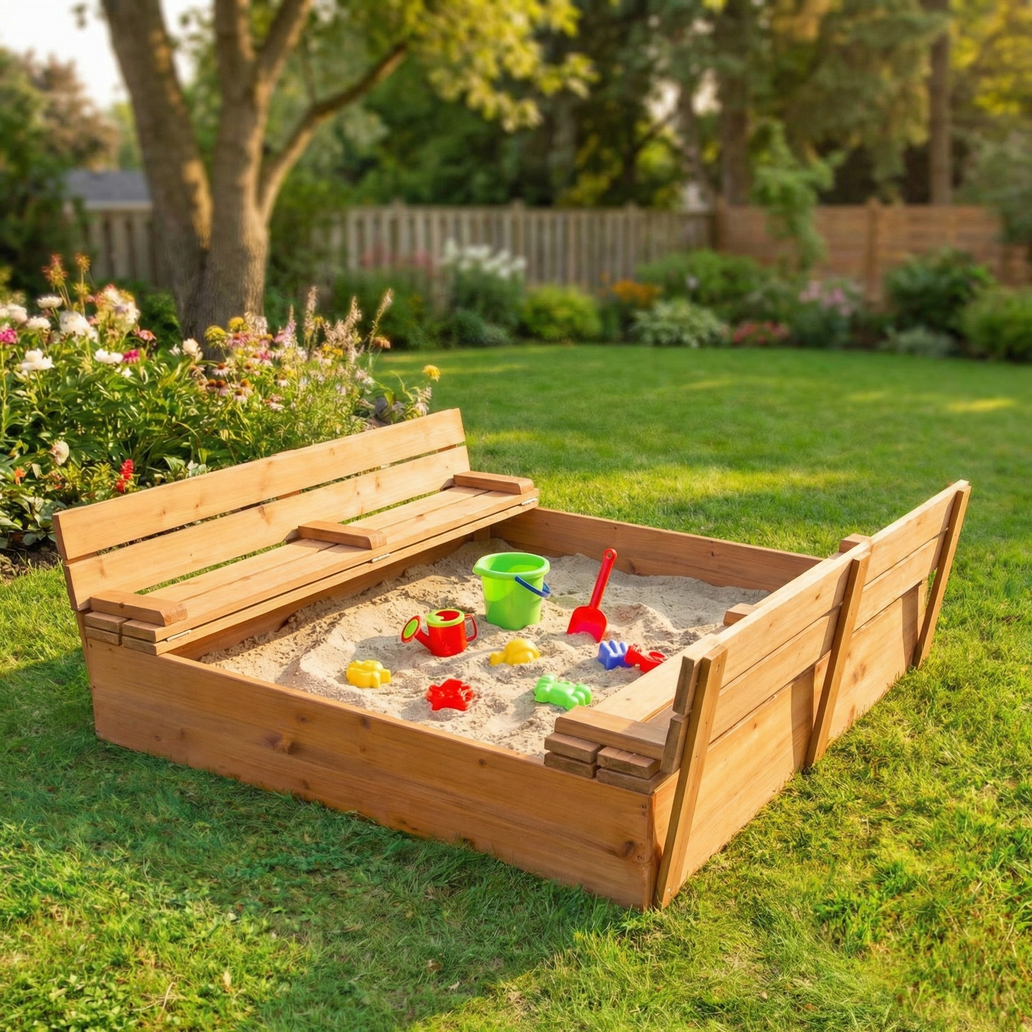 Zandbak met deksel & zitje - opvouwbare deksel - 120 x 120 cm