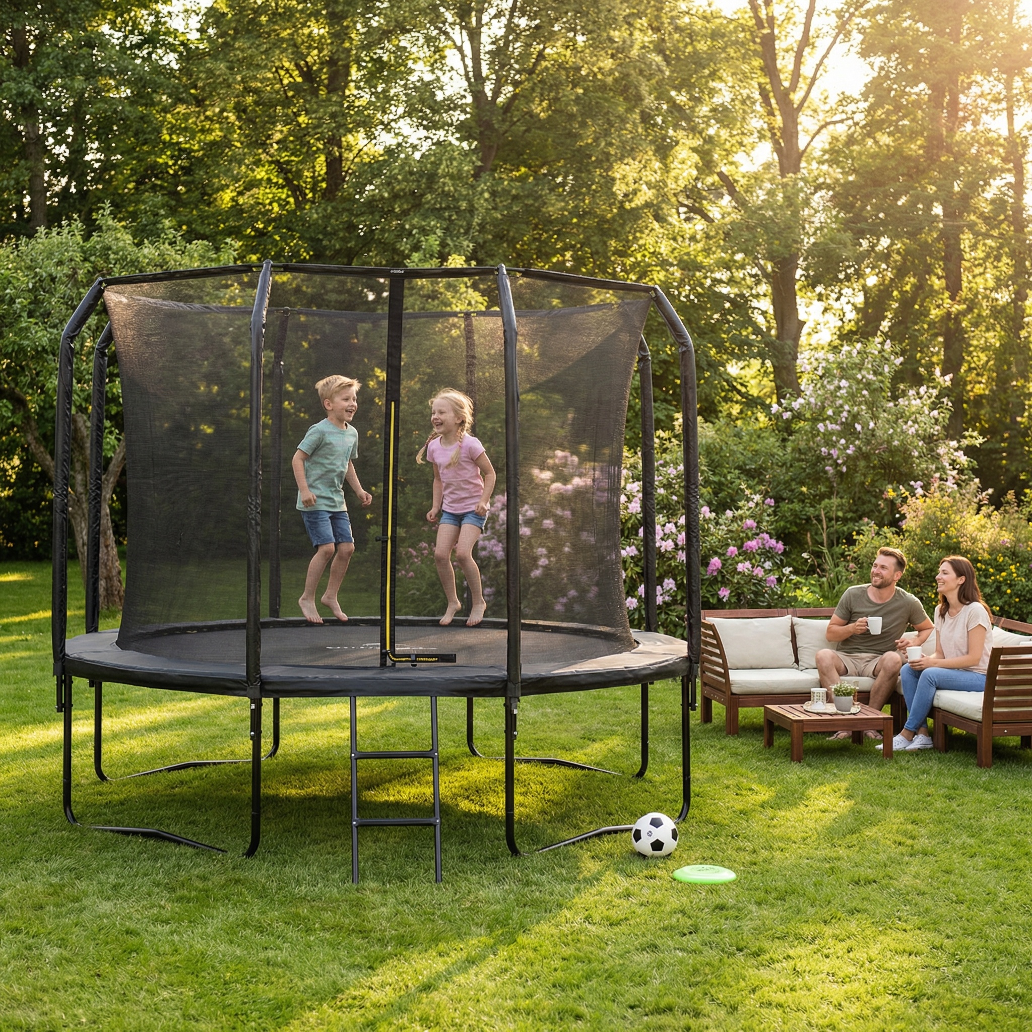 Trampoline - 305 cm - met net en ladder - tot 150 kg - zwart