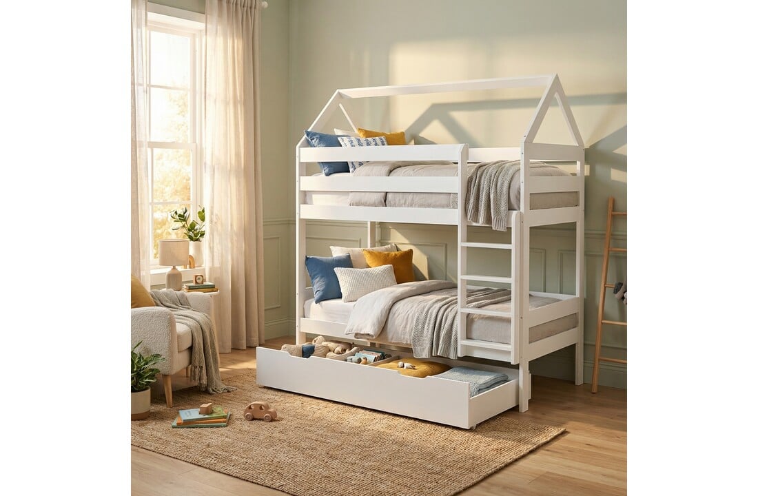 Stapelbed - kinderbed - huisje - 80x160 cm - met bedlade - wit