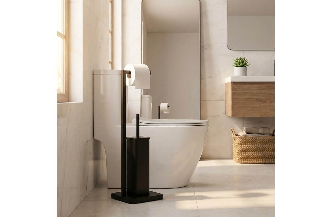 WC rolhouder staand met toiletborstel - 20x63cm - zwart