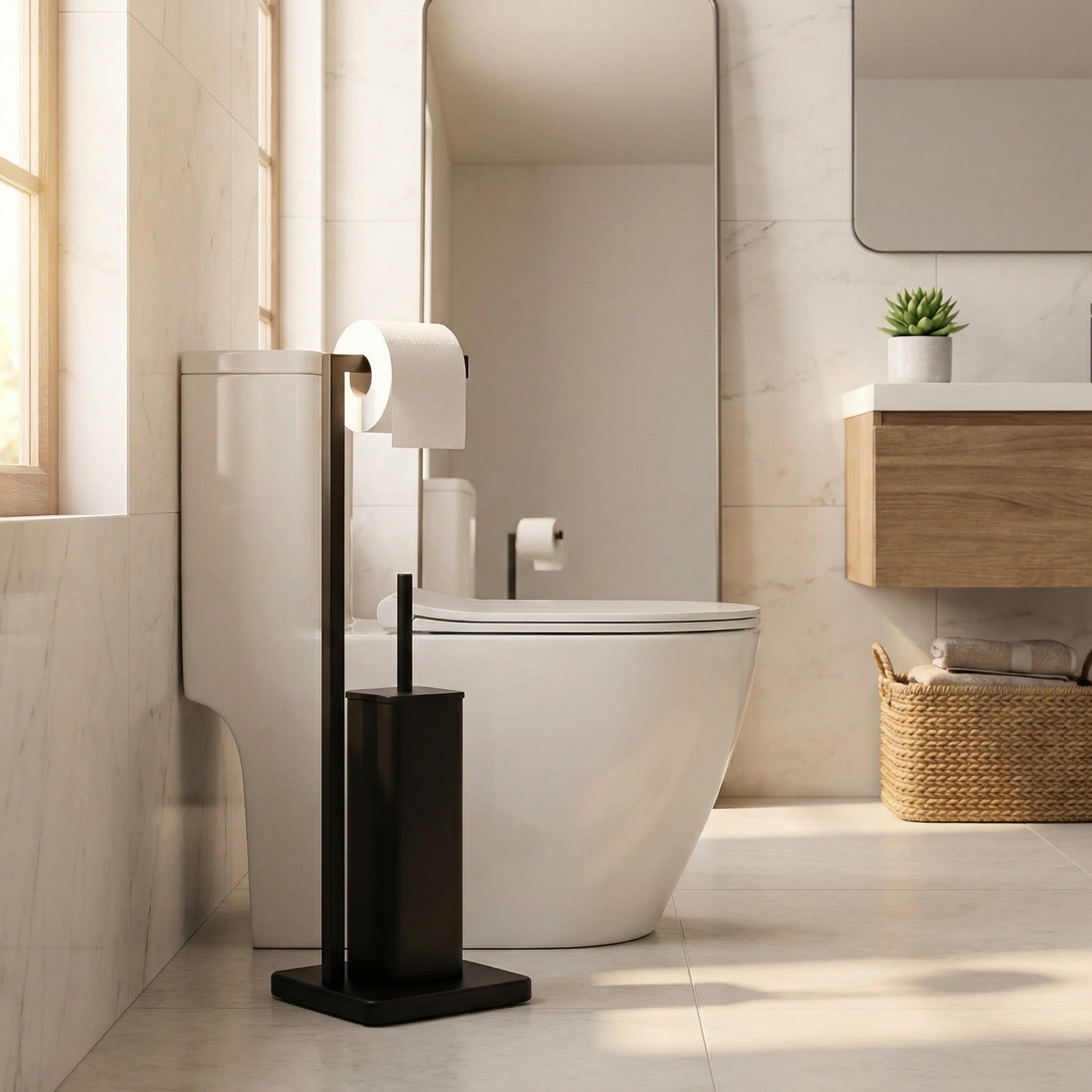 WC rolhouder staand met toiletborstel - 20x63cm - zwart