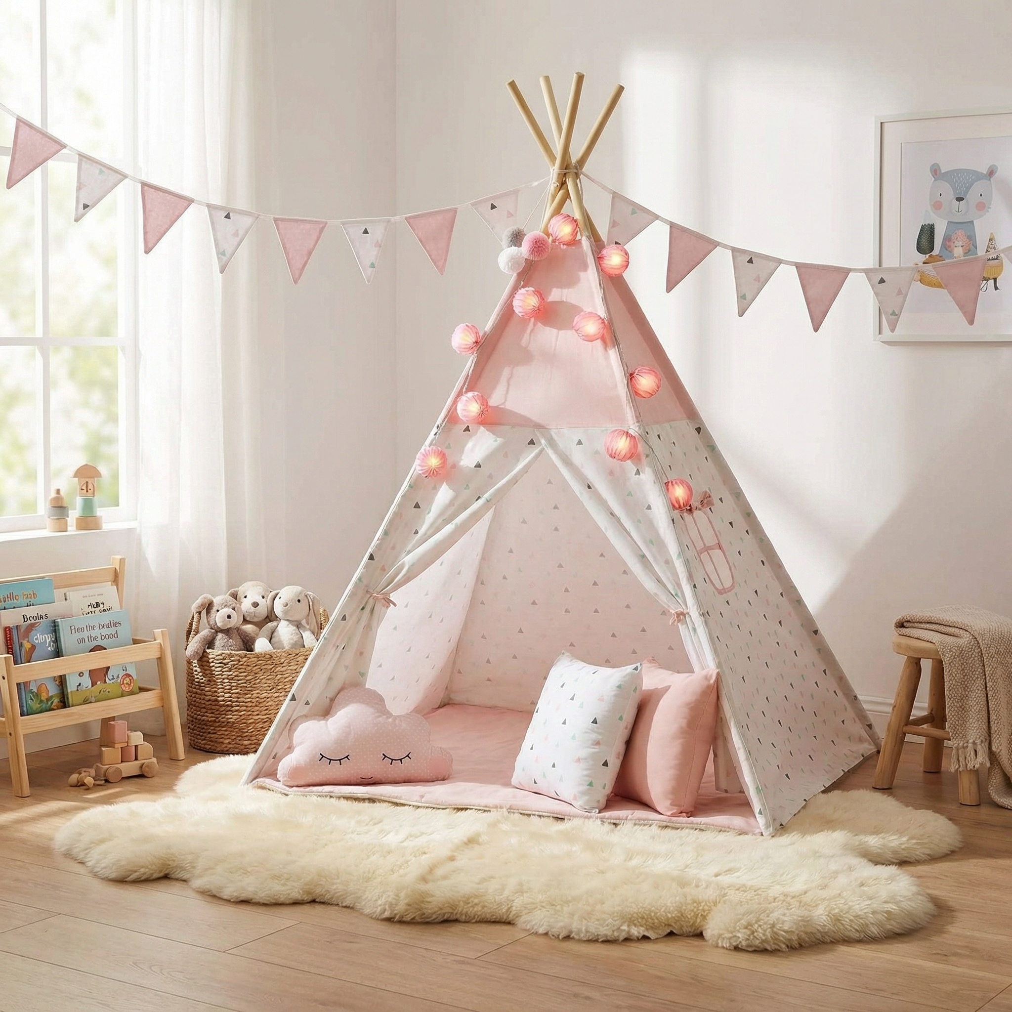 Tipi Wigwam tent - speeltent met licht & slingers – Roze
