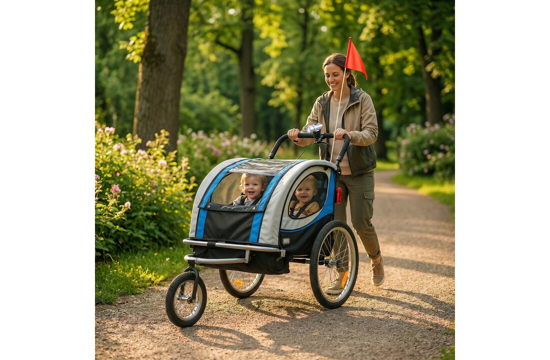 Fietskar kind - buggy - 2-zits - met schokbreker - blauw
