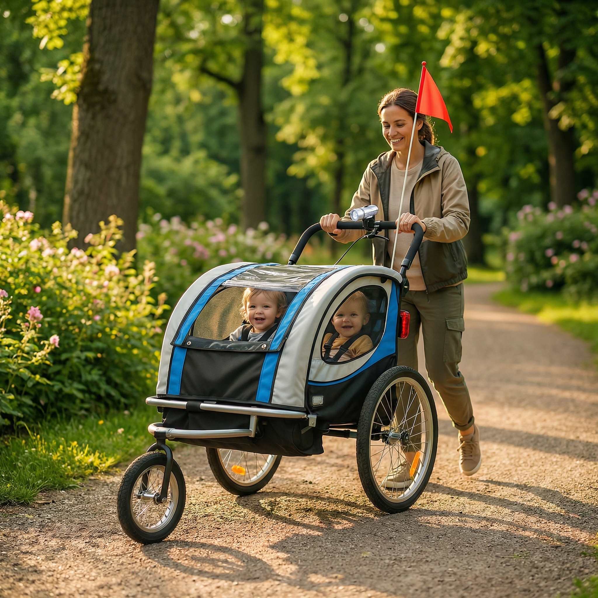 Fietskar kind - buggy - 2-zits - met schokbreker - blauw