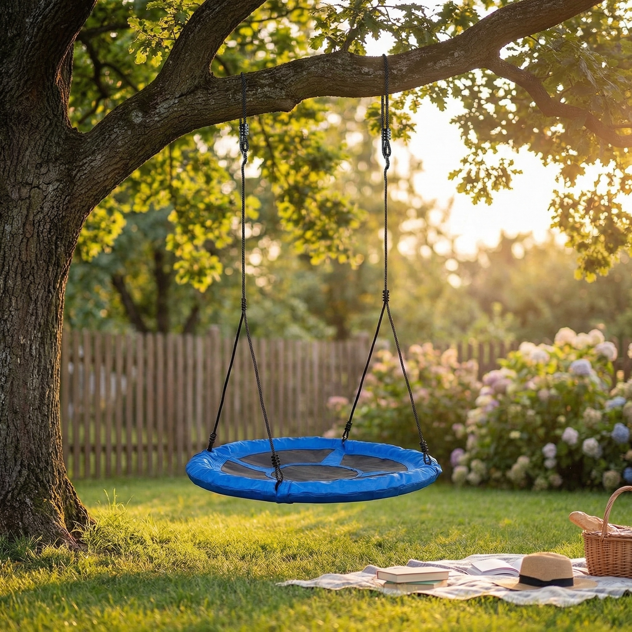 Nestschommel blauw van 600D polyester 95 cm diameter schommel inclusief touwen