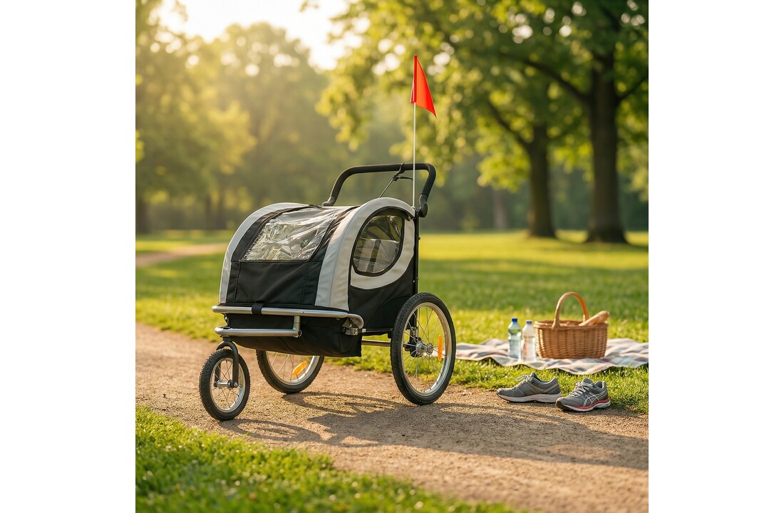 Fietskar kind - buggy - 2-zits - schokbreker - zwart wit