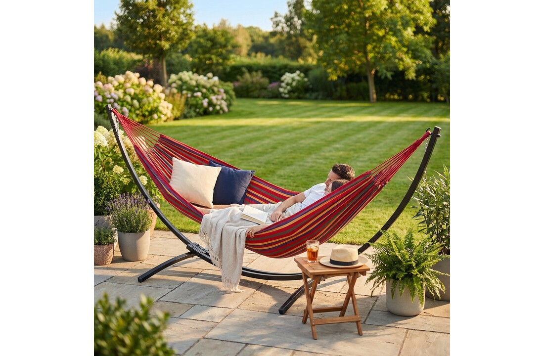 Hangmat met standaard - staal - 2 persoons - tot 220 kg - rood