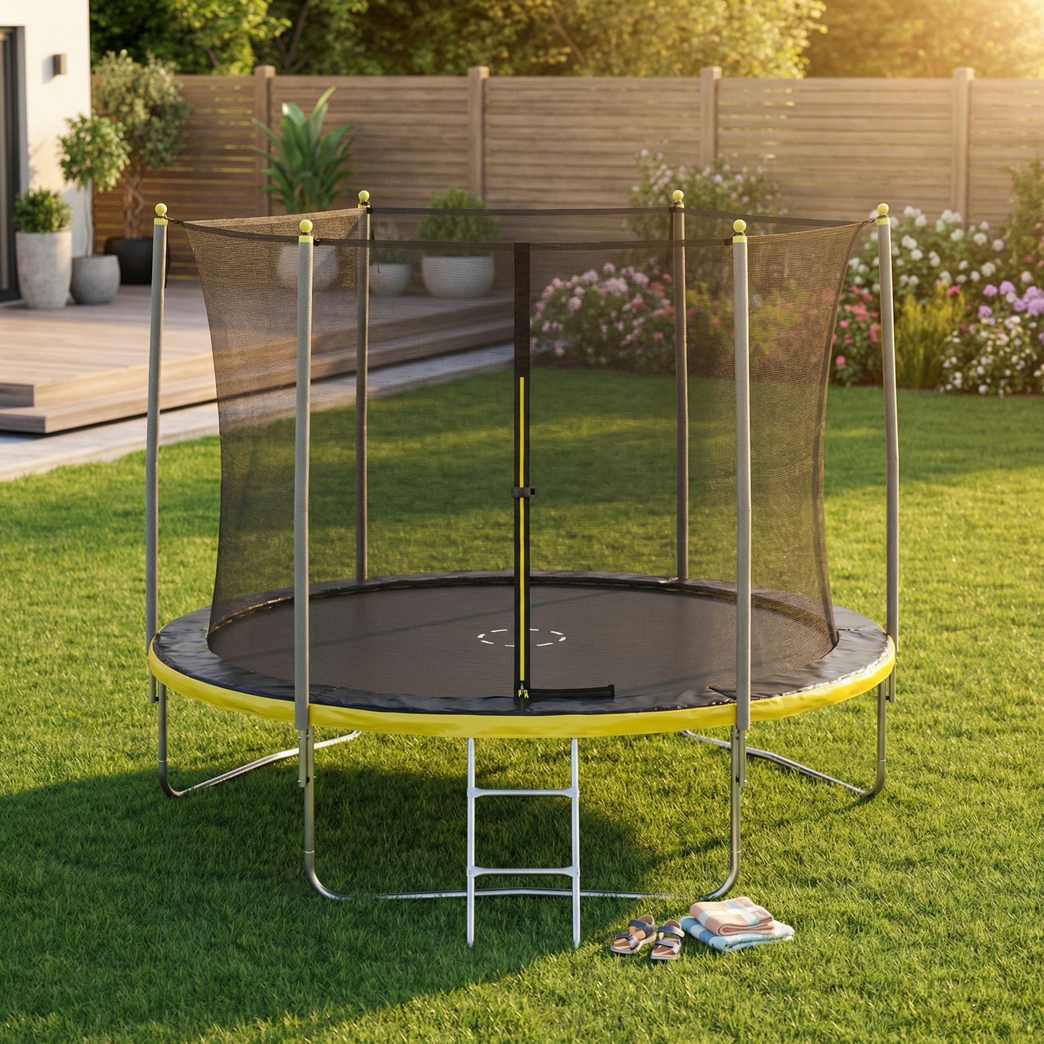 Trampoline 305 cm rond - met net en ladder – geel/zwart