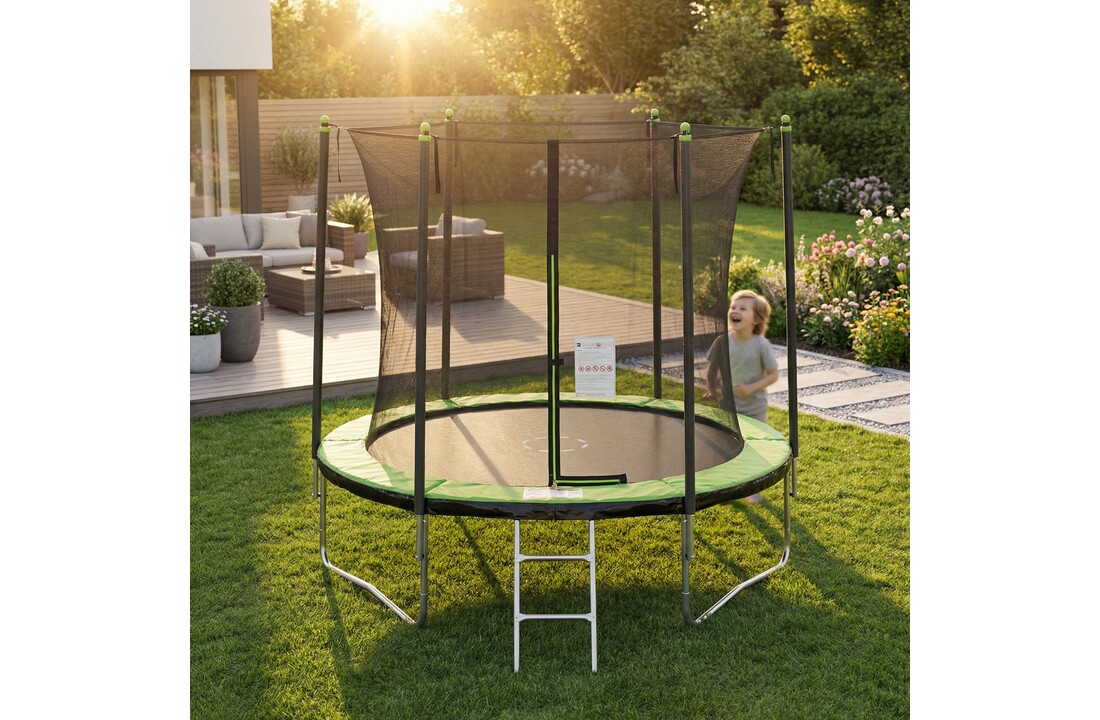Trampoline 244 cm rond - met net en ladder – groen/zwart