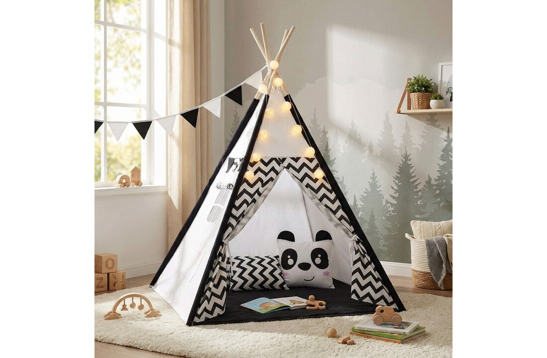 Tipi tent - speeltent - zwart wit panda - met kussens & lampjes