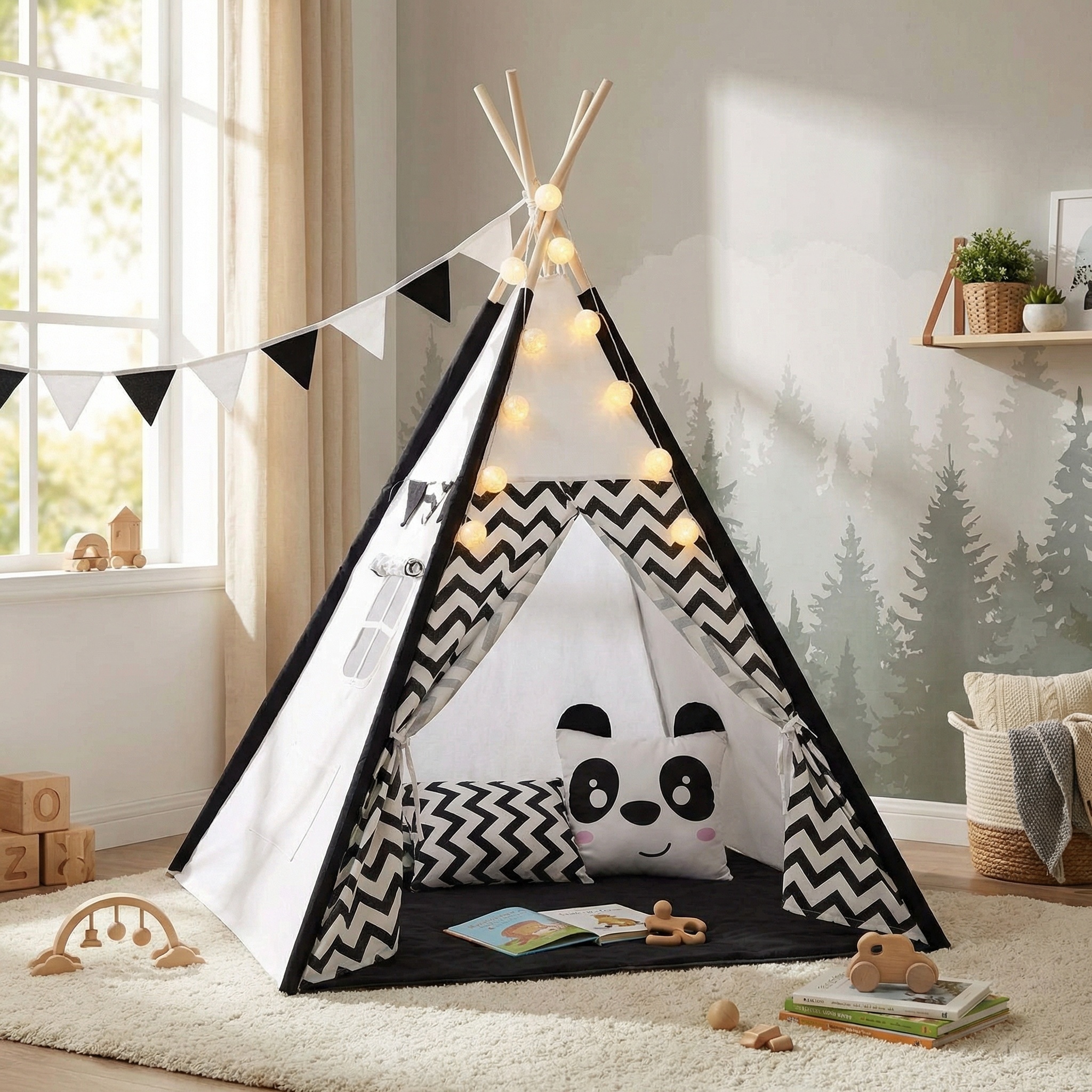 Tipi tent - speeltent - zwart wit panda - met kussens & lampjes