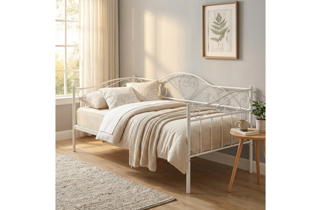 Bedframe 90x200 cm - metaal - wit - met lattenbodem - hartjes