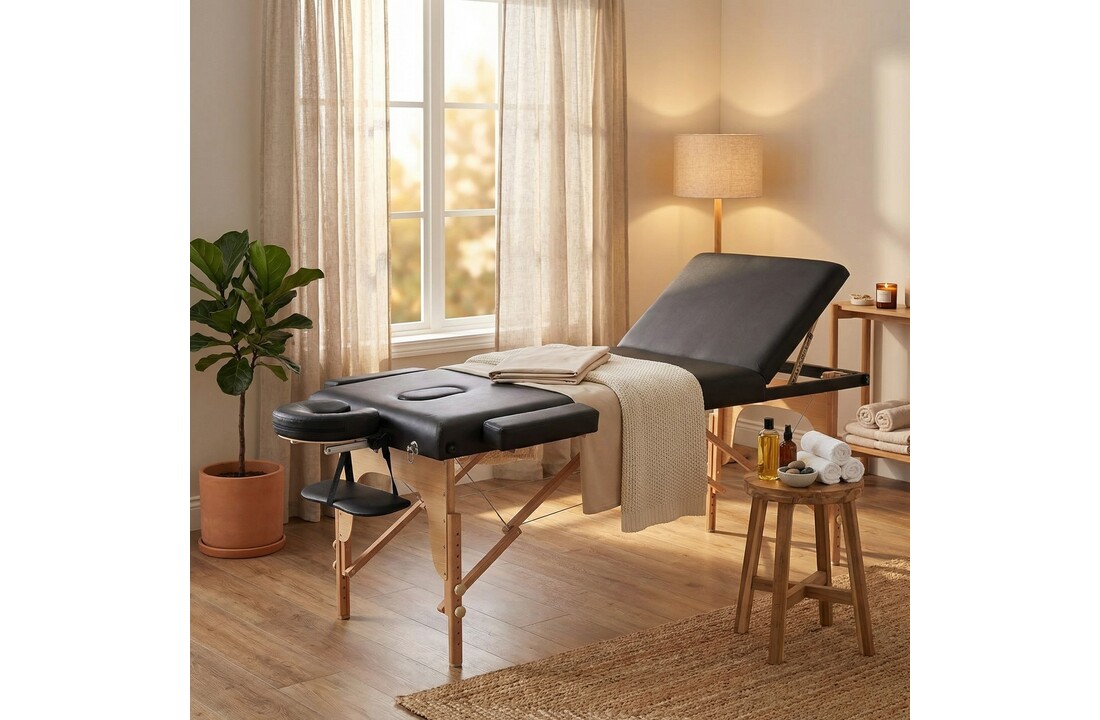 Massagetafel - inklapbaar - 3 secties - 185x70cm - hout - zwart