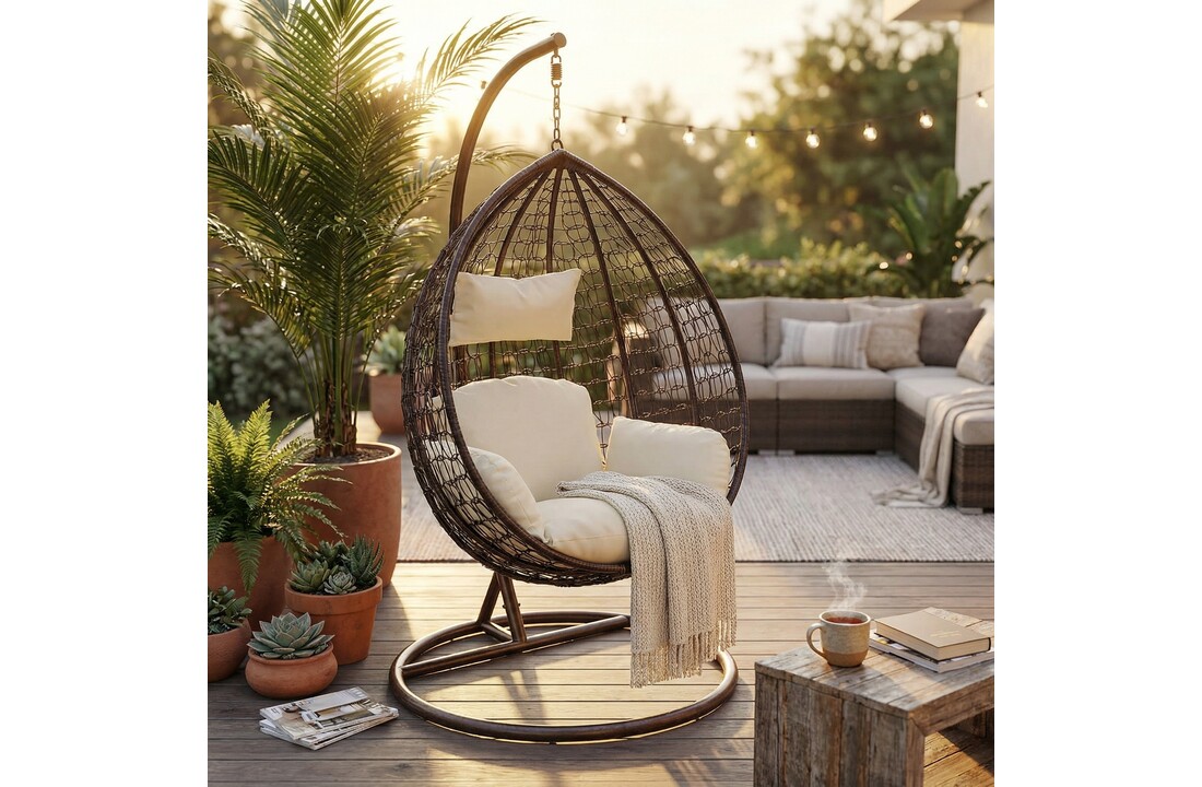 Hangstoel - ei stoel - met standaard - bruin-crème - tot 125 kg