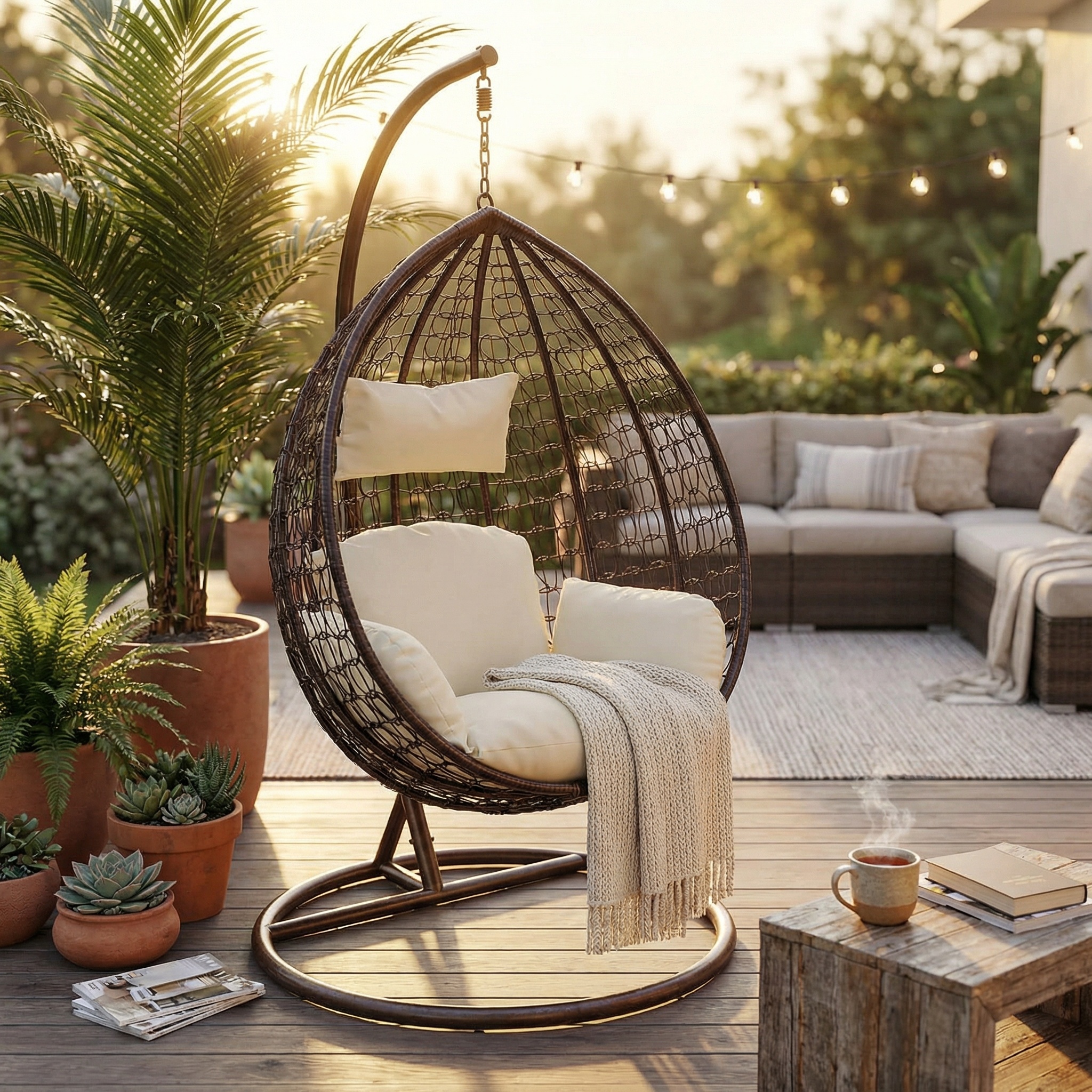 Hangstoel - ei stoel - met standaard - bruin-crème - tot 125 kg