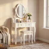 Kaptafel met spiegel en kruk - make up tafel - 74x143cm - wit