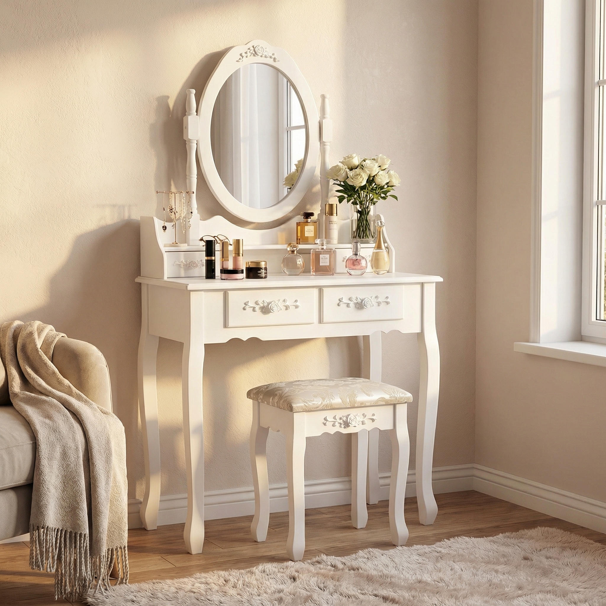 Kaptafel met spiegel en kruk - make up tafel - 74x143cm - wit
