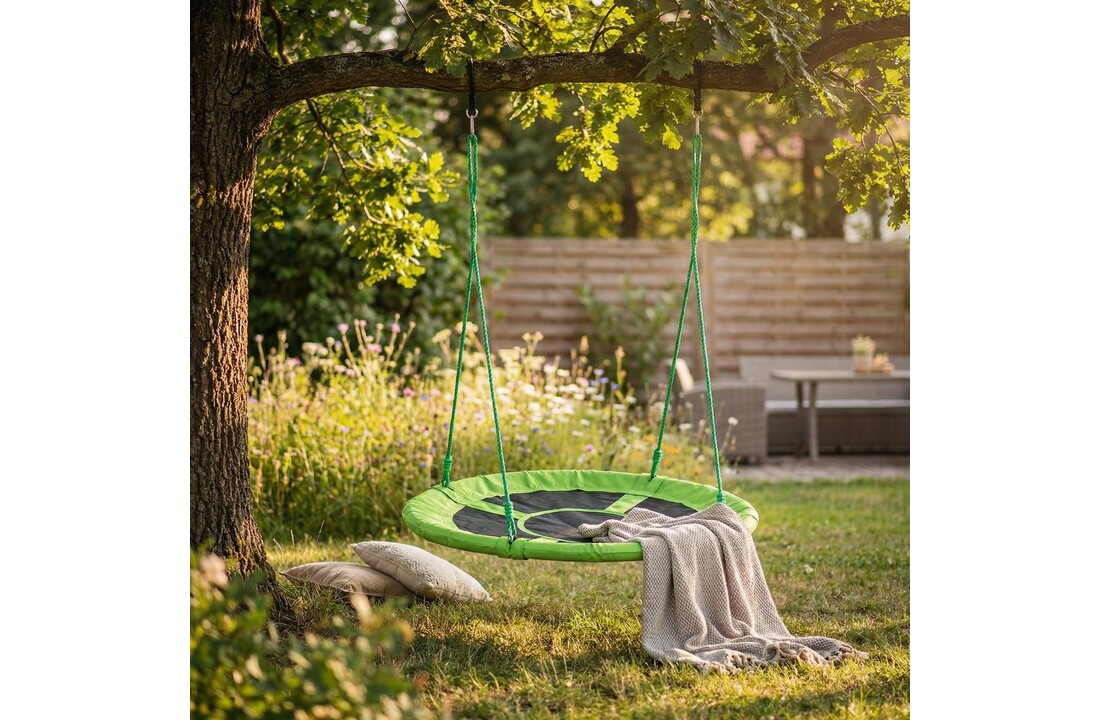 Nestschommel groen van 600D polyester 90 cm diameter schommel inclusief touwen tot 150 kg