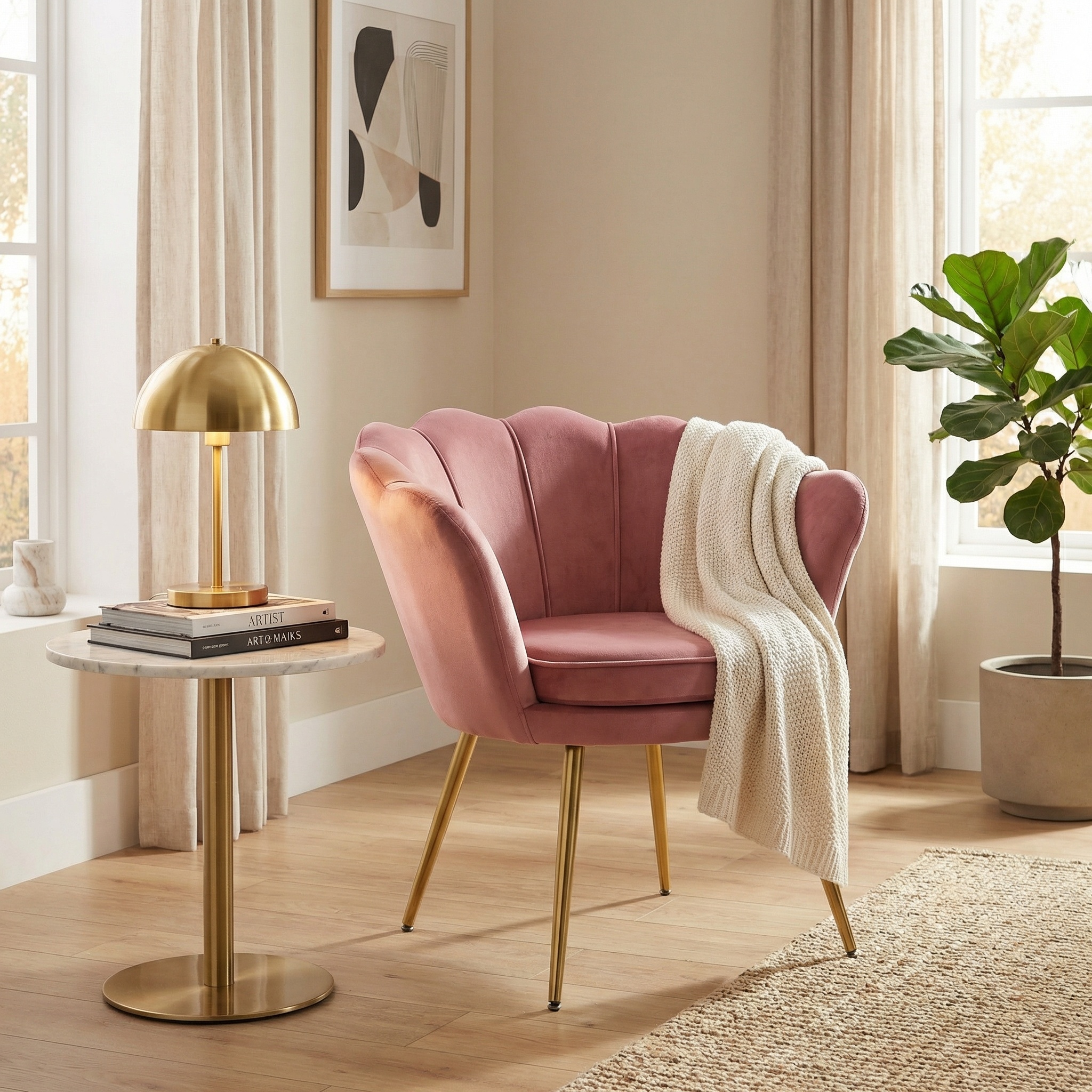 Schelp stoel - fauteuil - 58x51x88 cm - velvet - roze, goud