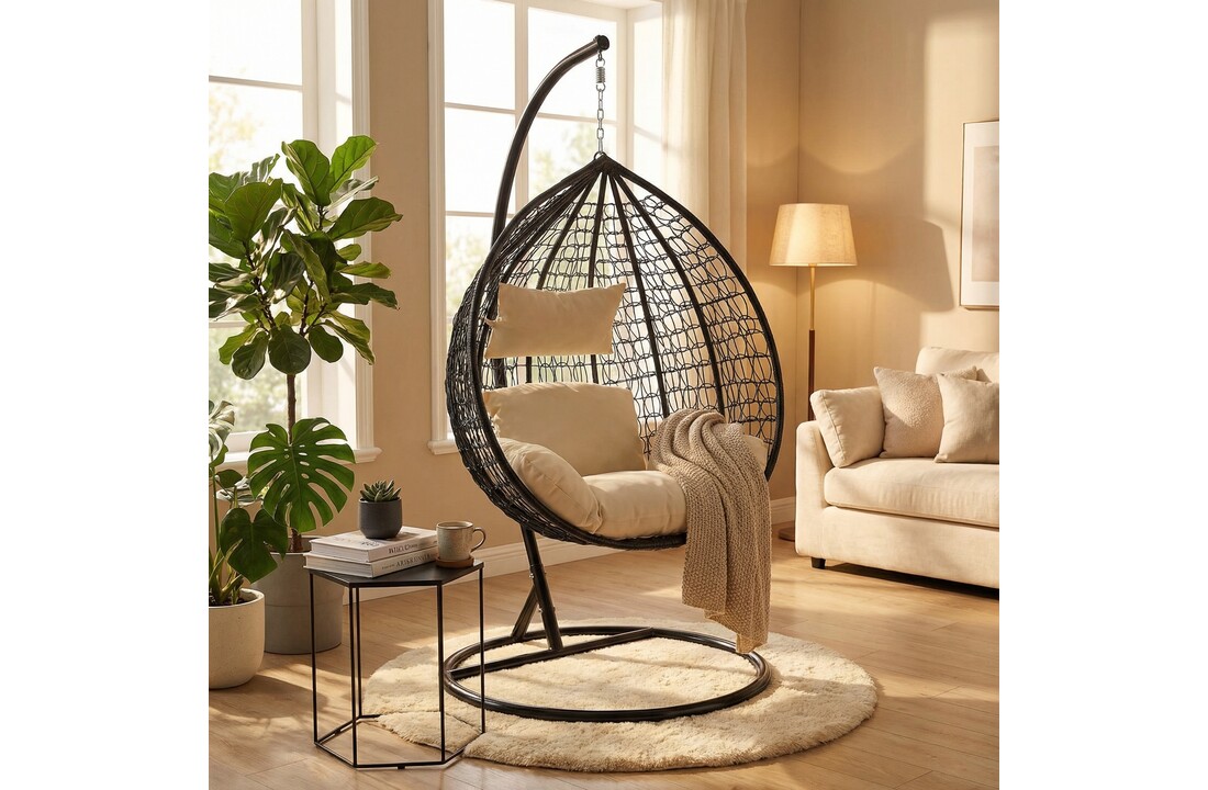 Hangstoel - ei stoel - met standaard - zwart-beige - tot 125 kg