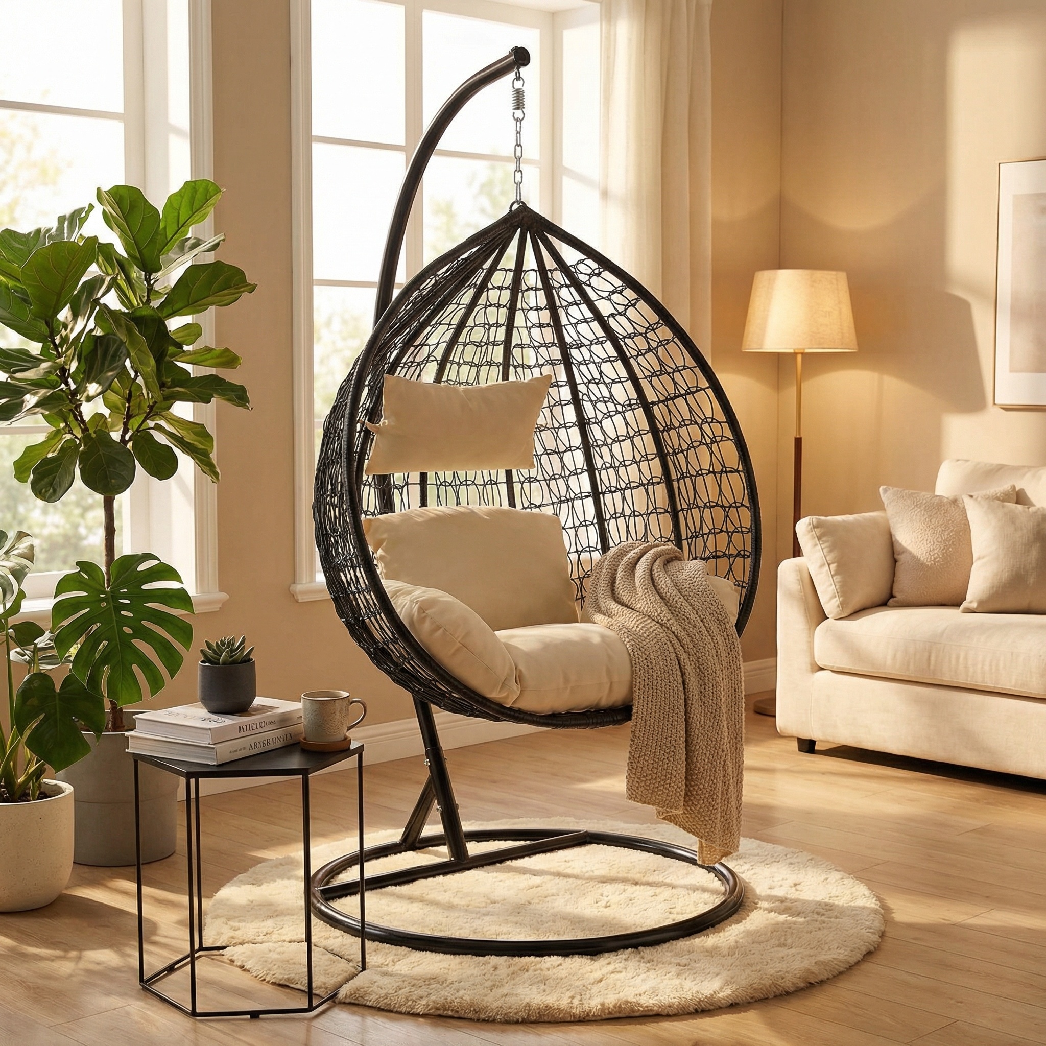 Hangstoel - ei stoel - met standaard - zwart-beige - tot 125 kg