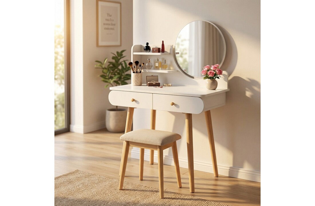 Kaptafel - ronde spiegel - make up tafel - 80x40x122 cm - wit