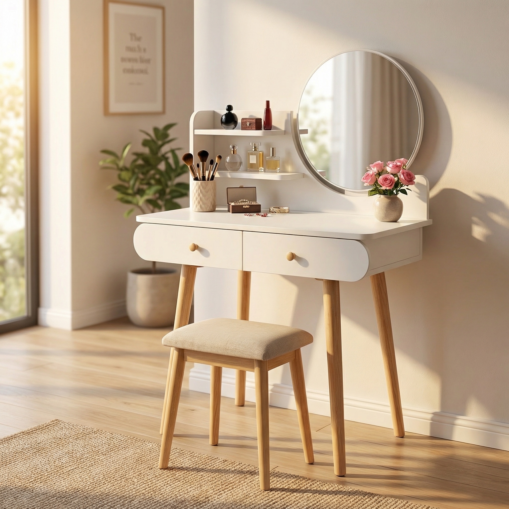 Kaptafel - ronde spiegel - make up tafel - 80x40x122 cm - wit