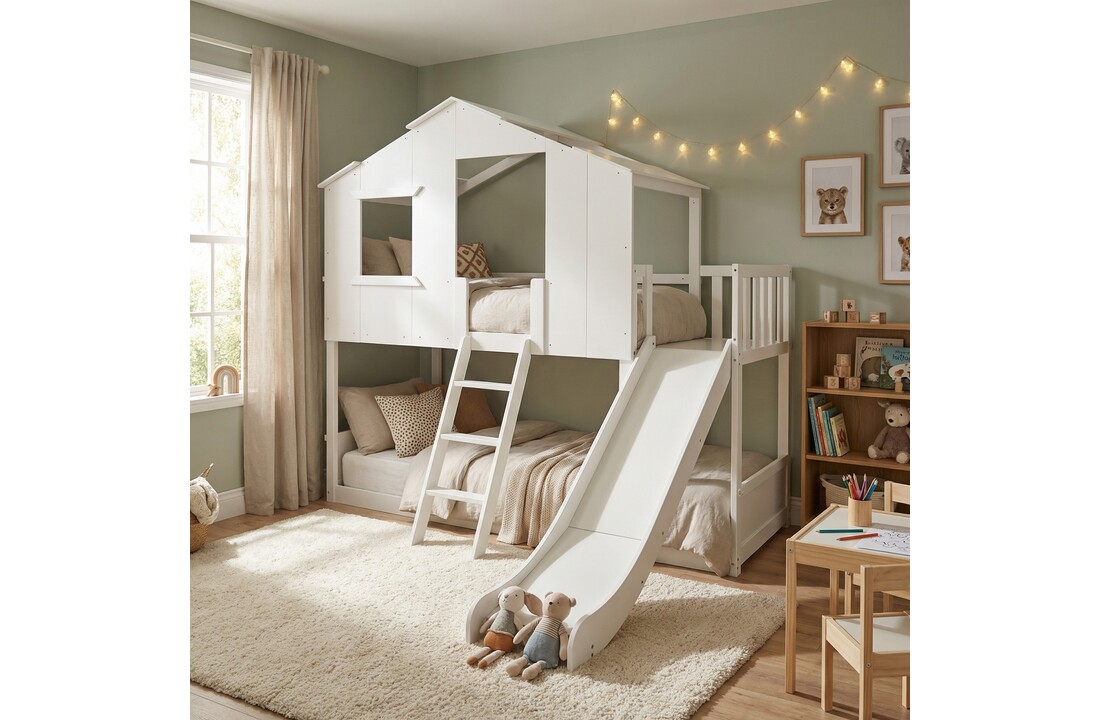 Stapelbed met glijbaan - bedhuisje 90x200 voor kinderen - wit