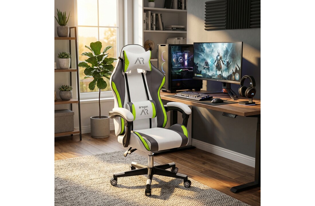 Gamestoel ergonomisch wit-grijs-limoen ECO-leer bureaustoel