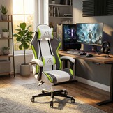 Gamestoel ergonomisch wit-grijs-limoen ECO-leer bureaustoel