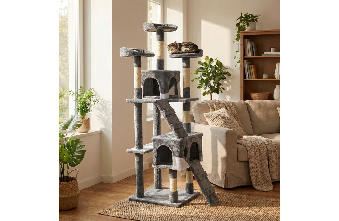 Krabpaal & speelhuis XXL - katten - grijs - 170 cm hoog