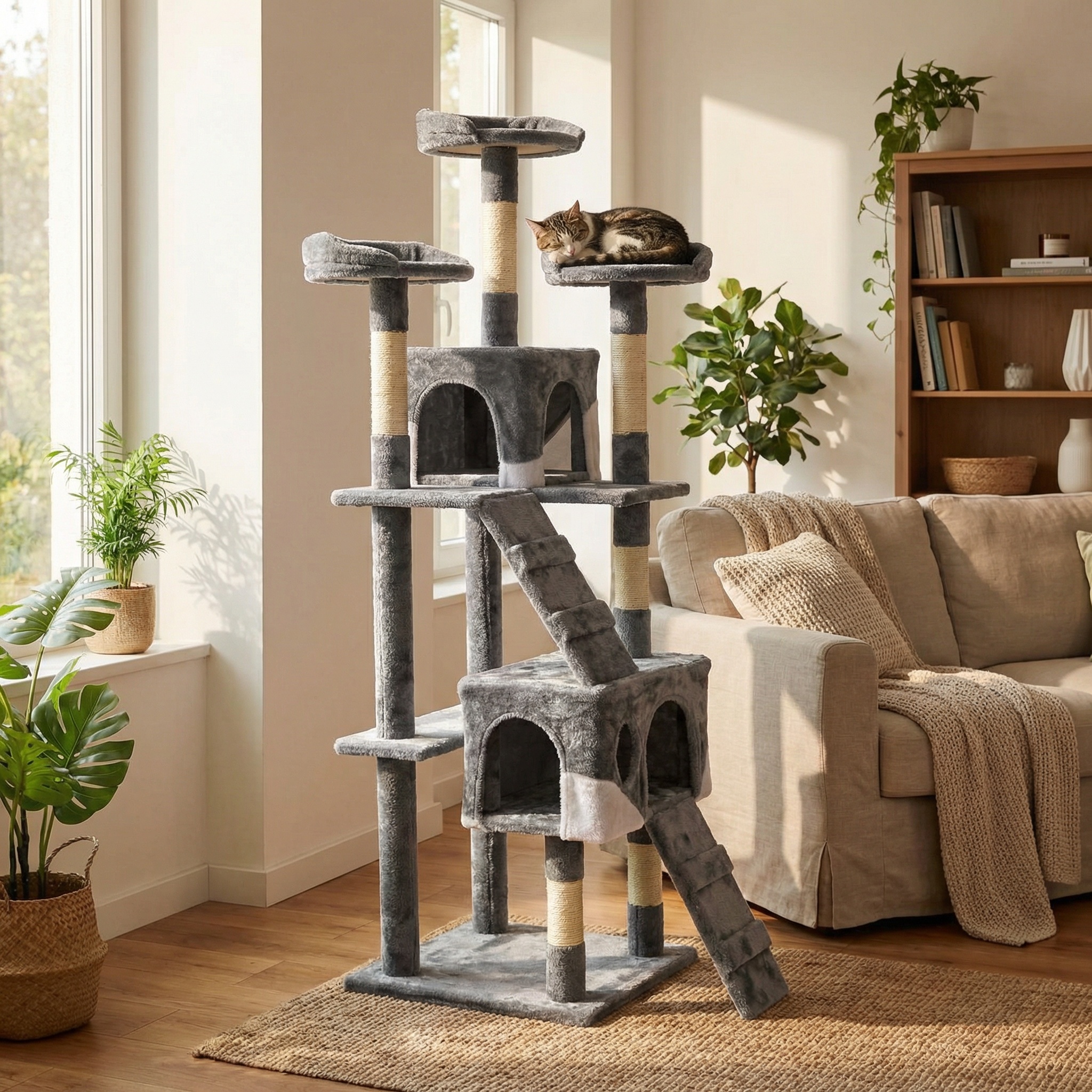 Krabpaal & speelhuis XXL - katten - grijs - 170 cm hoog