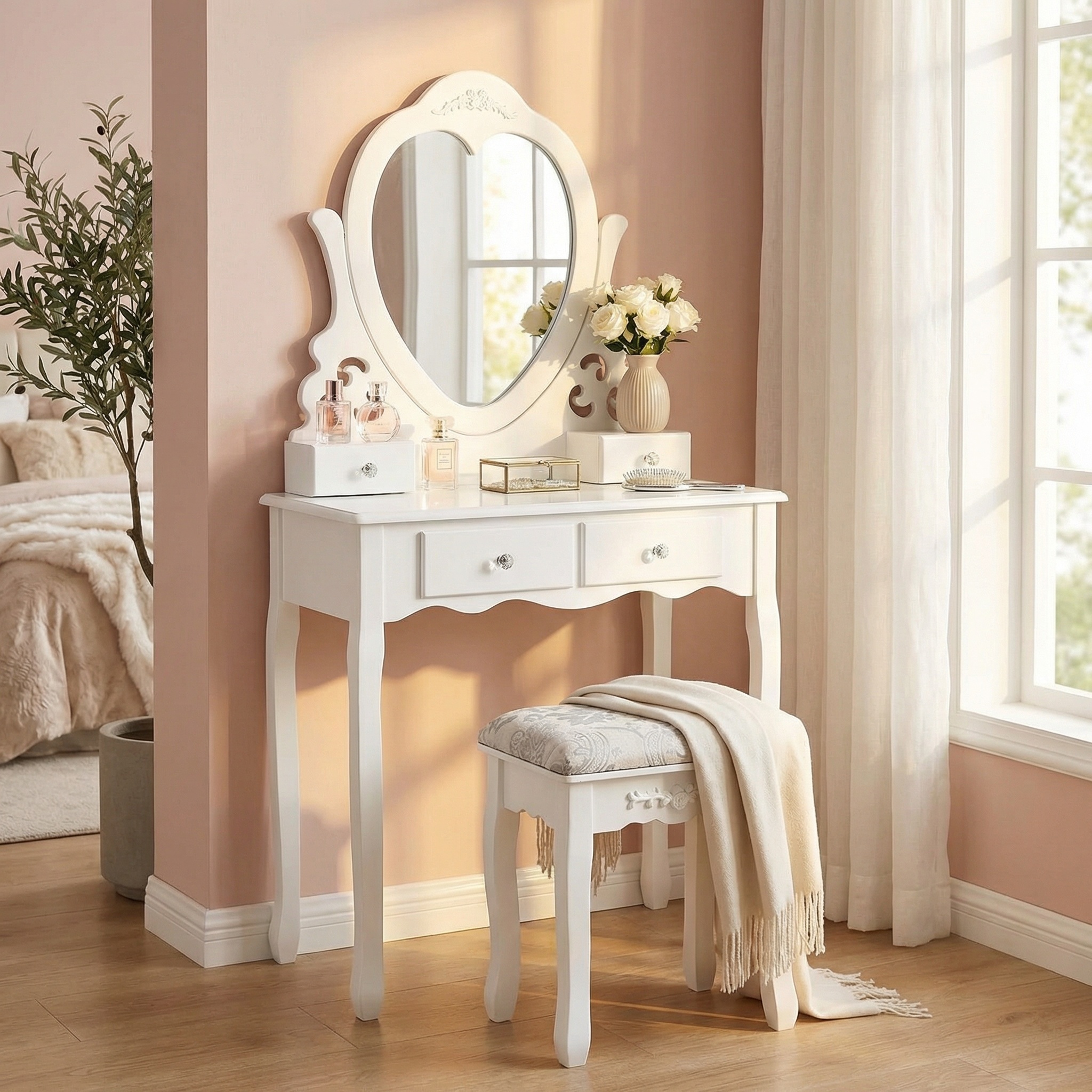 Kaptafel met hartvormige spiegel & krukje - 74x40x143cm - wit