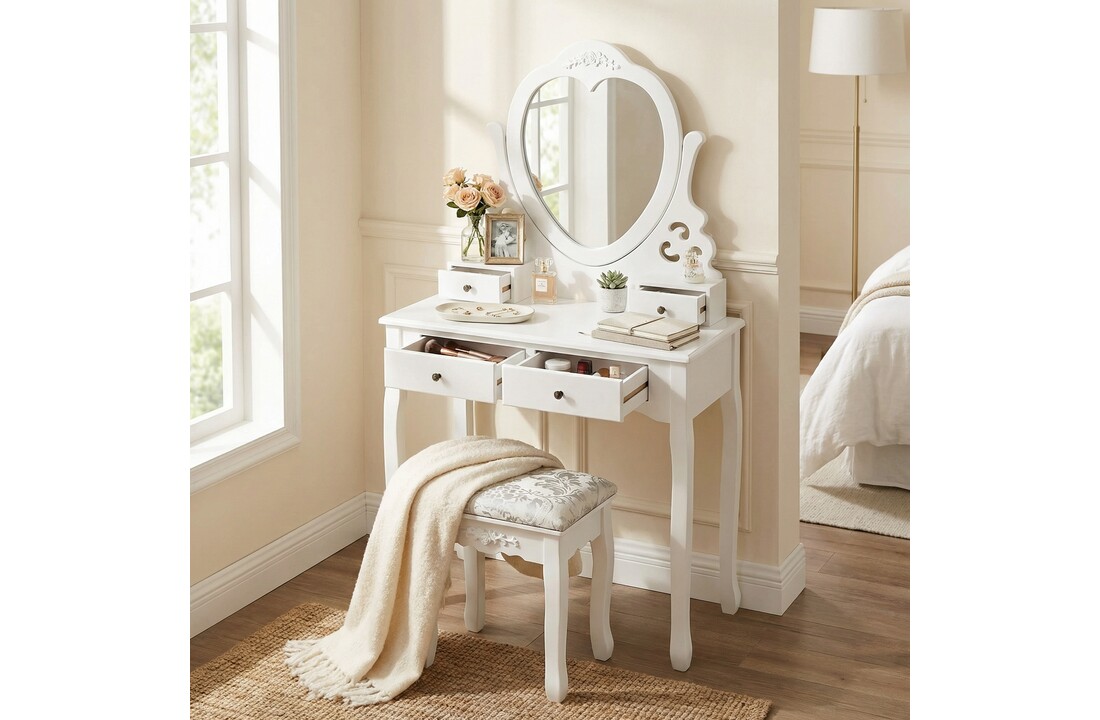 Kaptafel - met hartvormige spiegel & krukje - 50x30x136cm - wit