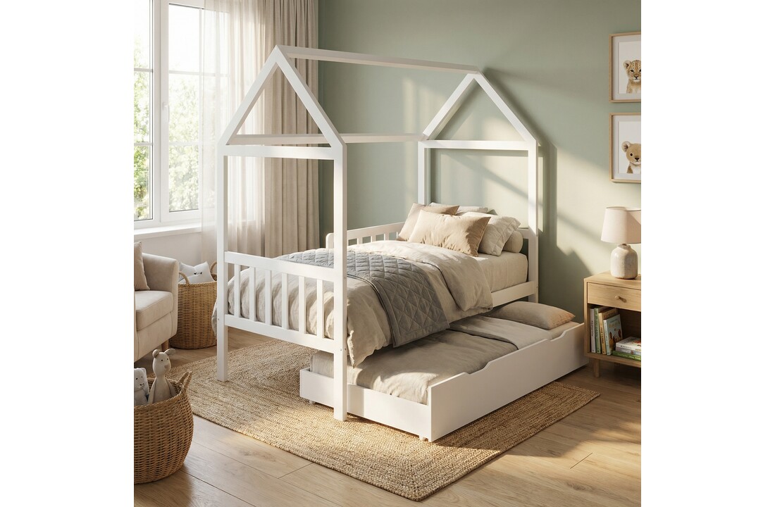 Bedhuis - peuter bed 160x80 cm - met bedlade en logeerbed - wit