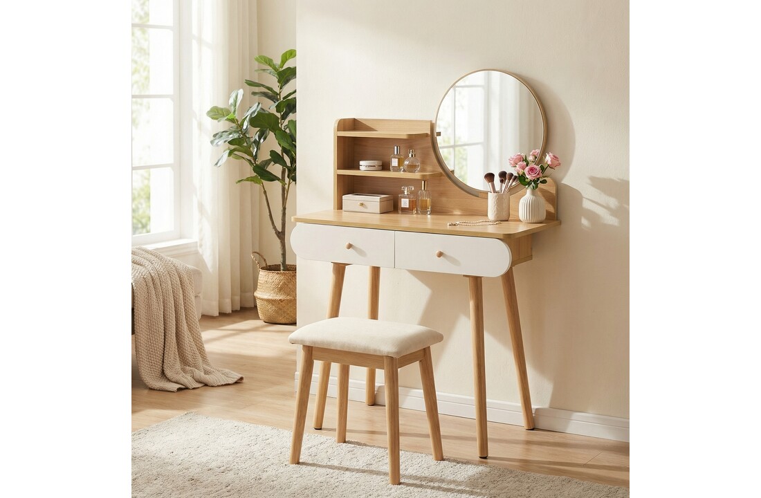 Kaptafel - ronde spiegel - make up tafel - 80x40x122 cm - hout