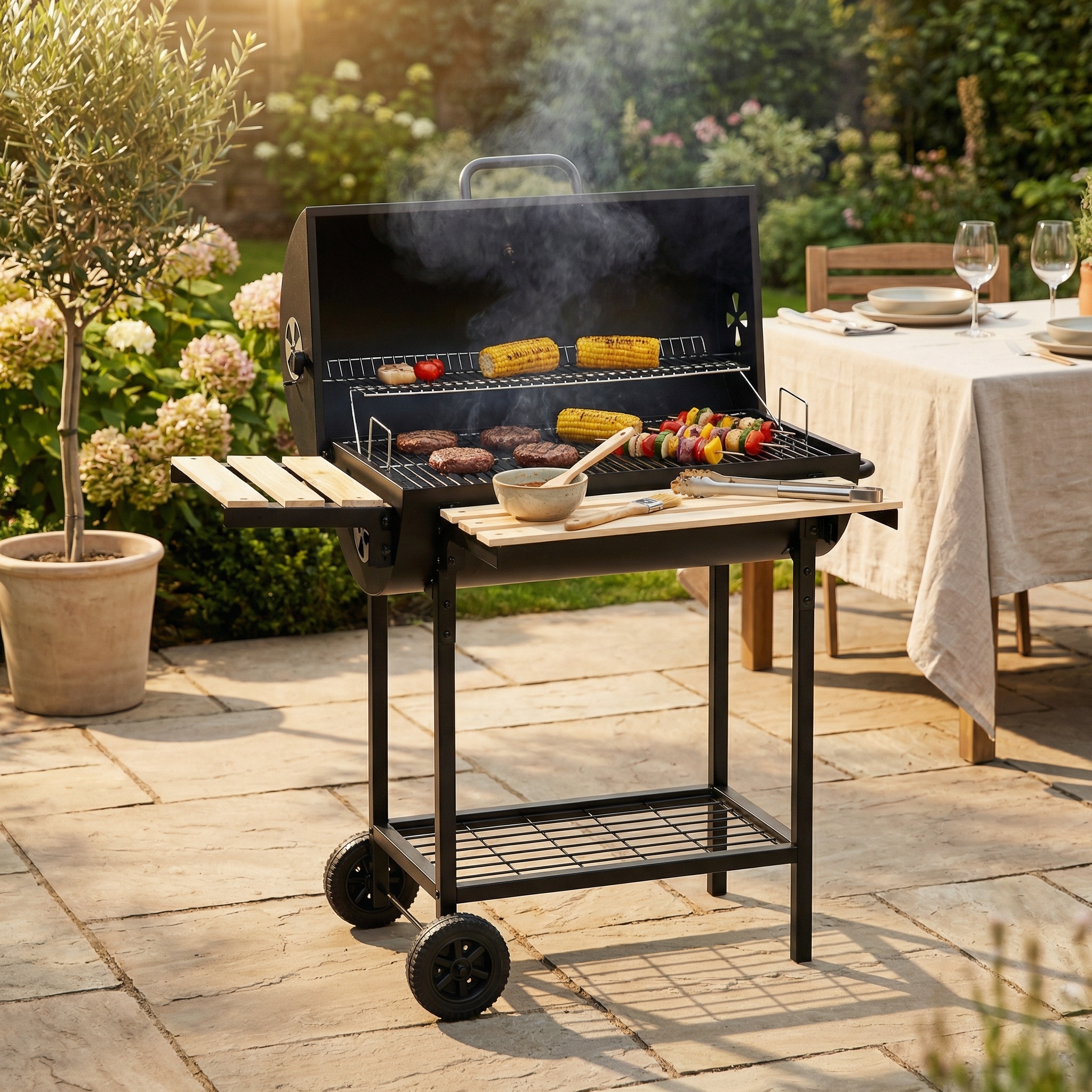 Barbecue met deksel en warmhoud rek - inc thermostaat - 104x68x94 cm