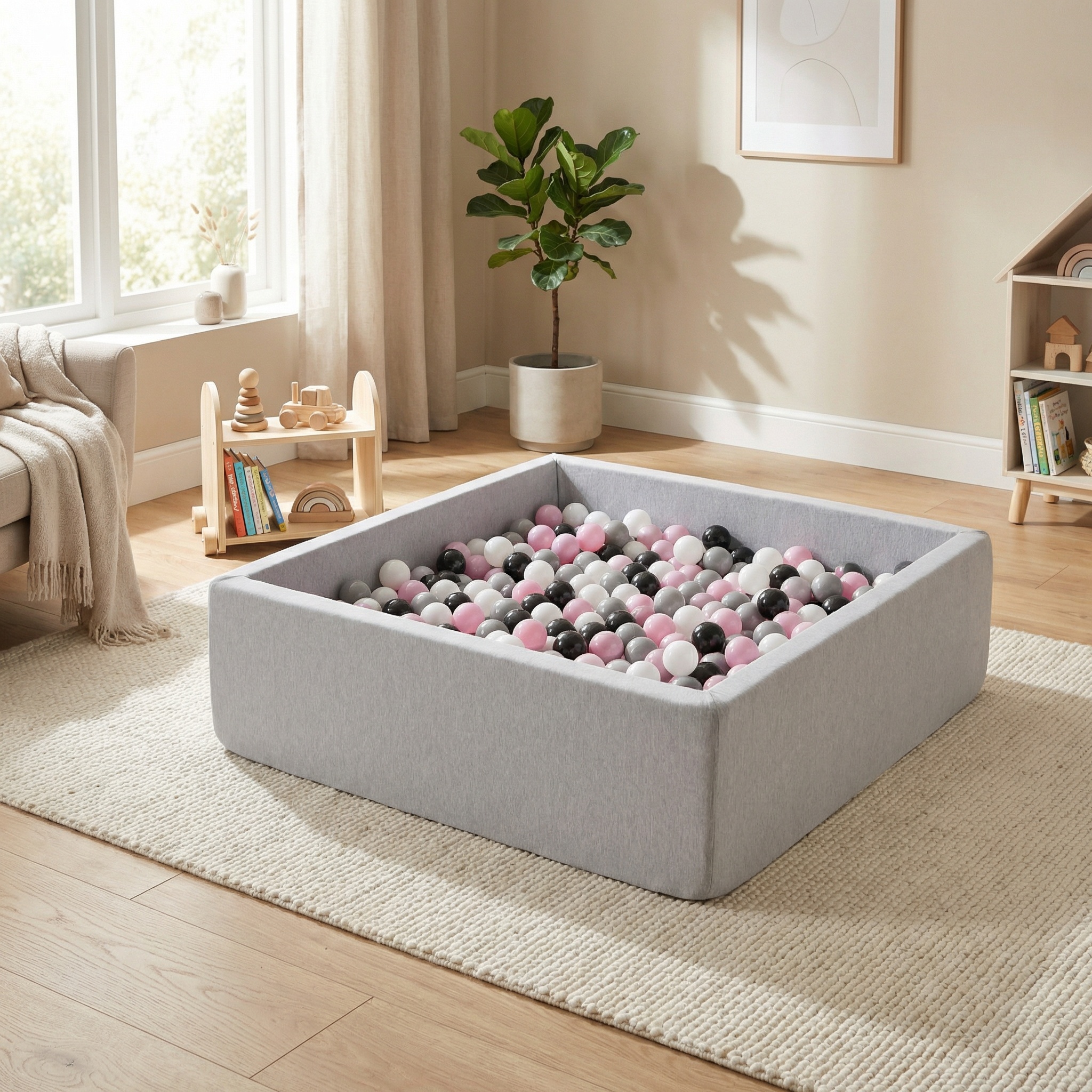 Ballenbak - stevige ballenbad - 120x120 cm - 600 ballen Ø 7 cm - wit, roze, grijs, zwart.