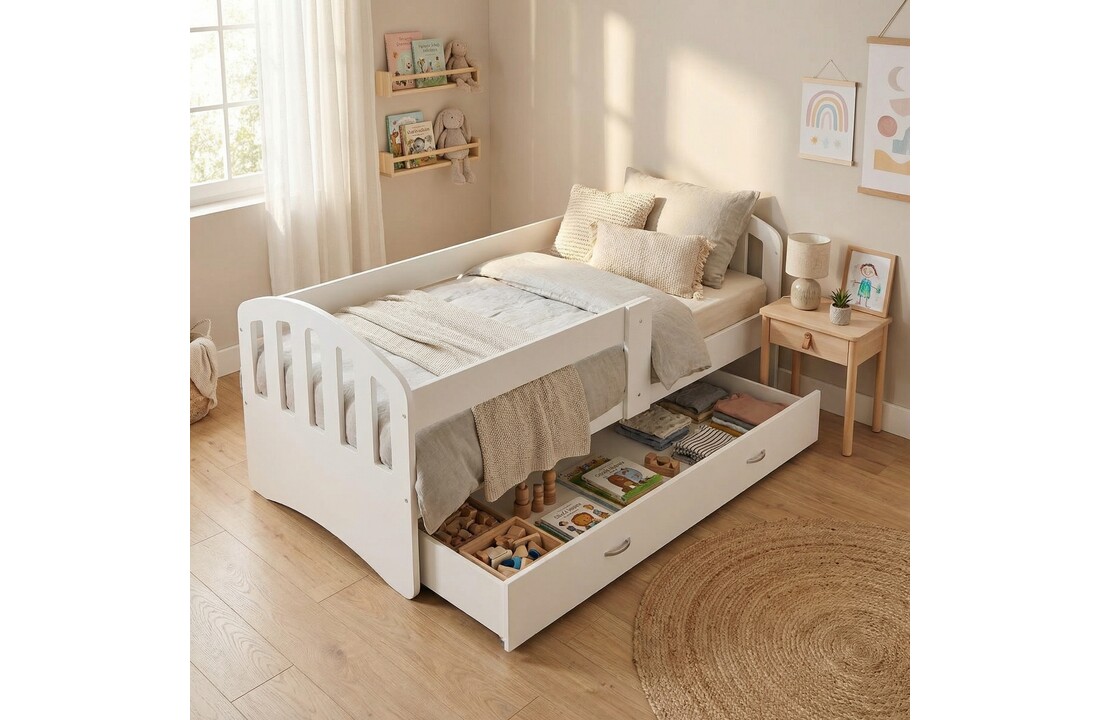 Kinderbed 90x200 - met opbergruimte en uitvalbeveiliging - wit