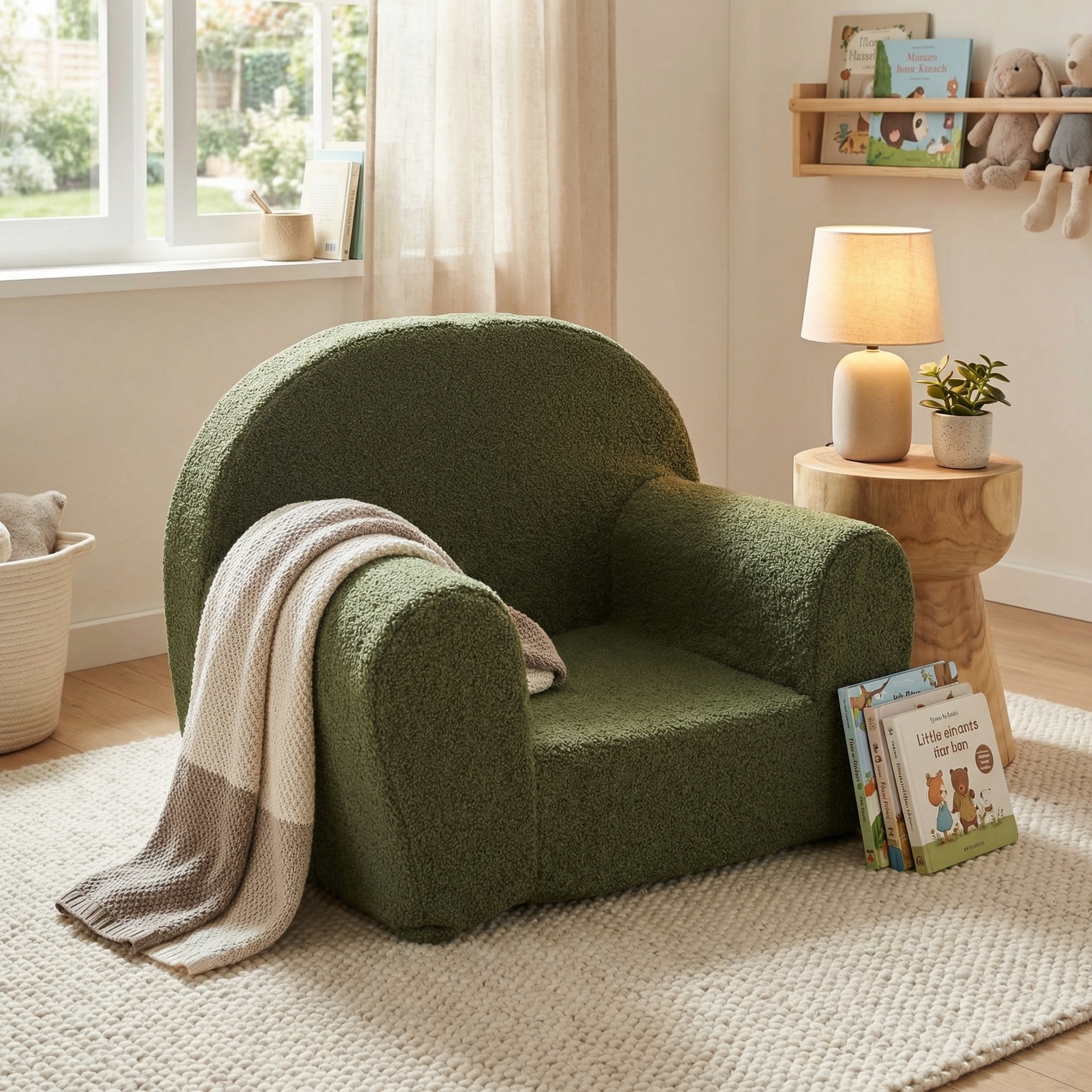 Kinderfauteuil - QUELLE - 60x40x45 cm - boucle - olijfgroen