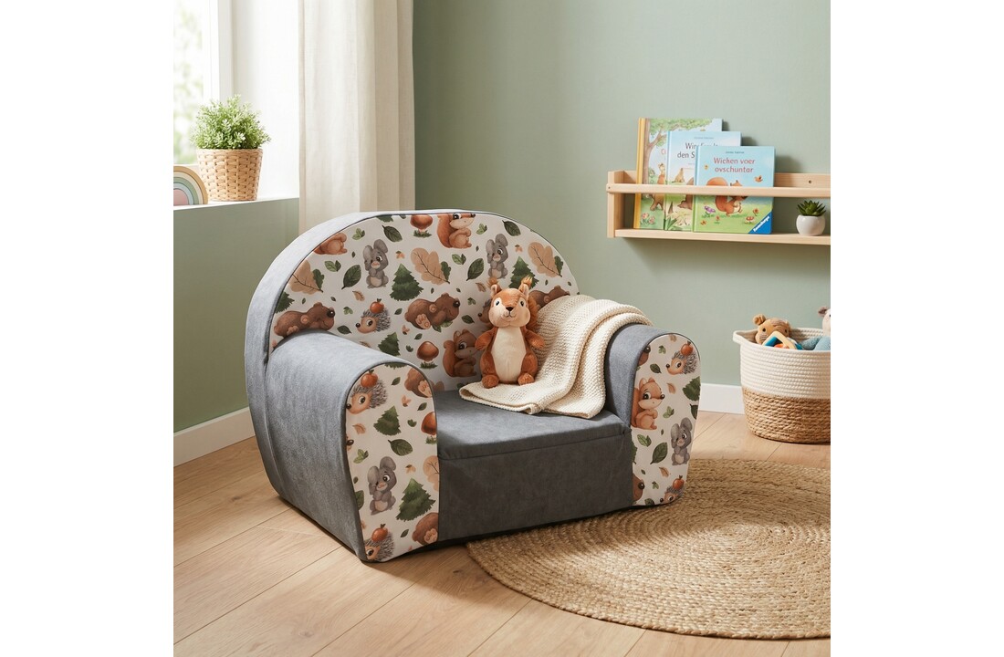 Kinderfauteuil - 60x40x45 cm - bos dieren - grijs